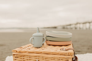 picnic at the beach of silicone tableware on wicker basket